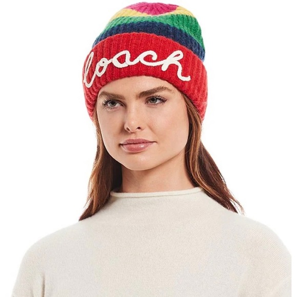 Multicolor Rainbow Stripe Spellout Logo Beanie - Picture 2 of 4